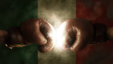 old Boxing Gloves with the Flag of Italy or Mexicoの写真素材