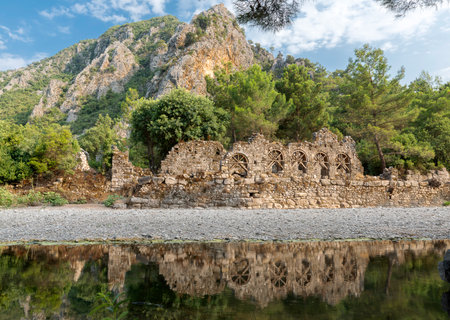A view of the ancient city of Olympos from the riversideの写真素材