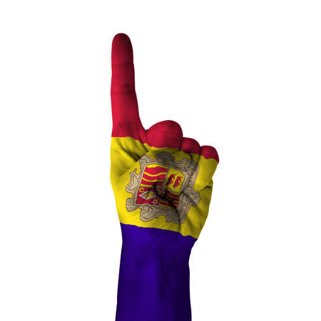 Hand pointing up direction, Andorra painted with flag as symbol of up direction, first and number one symbol - isolated on white backgroundの写真素材