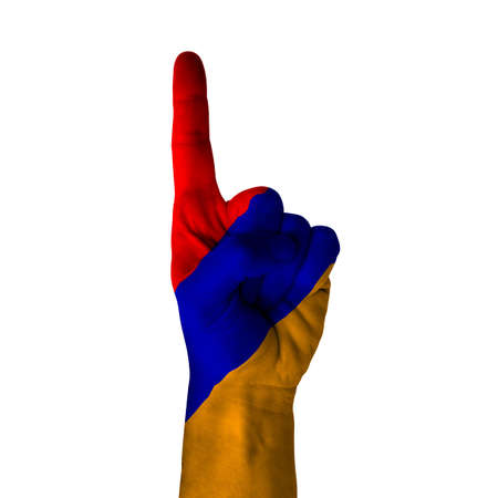 Hand pointing up direction, Armenia painted with flag as symbol of up direction, first and number one symbol - isolated on white backgroundの写真素材