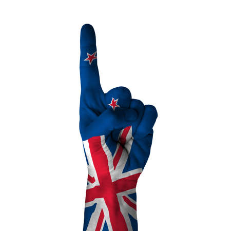 Hand pointing up direction, new zealand painted with flag as symbol of up direction, first and number one symbol - isolated on white backgroundの写真素材