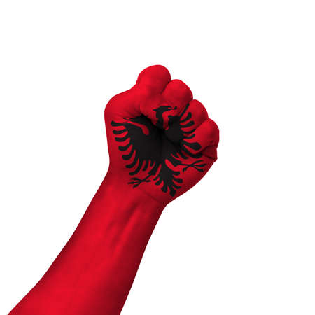 Hand making victory sign, albania painted with flag as symbol of victory, resistance, fight, power, protest, success - isolated on white backgroundの写真素材
