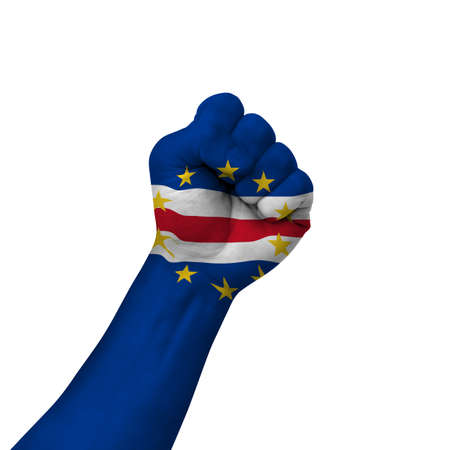 Hand making victory sign, cape verde painted with flag as symbol of victory, resistance, fight, power, protest, success - isolated on white backgroundの写真素材