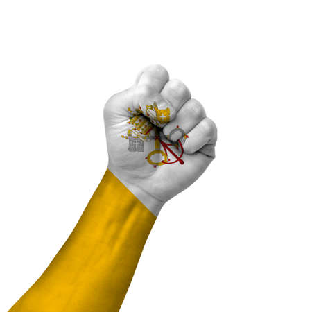 Hand making victory sign, vatican city painted with flag as symbol of victory, resistance, fight, power, protest, success - isolated on white backgroundの写真素材