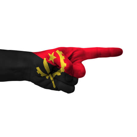 Hand pointing right side, angola painted with flag as symbol of right direction, forward - isolated on white backgroundの写真素材
