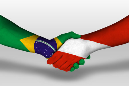 Handshake between austria and brazil flags painted on hands, illustrationの写真素材