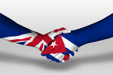 Handshake between cuba and united kingdom flags painted on hands, illustration.の写真素材