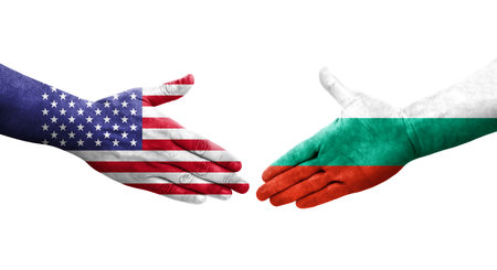 Handshake between Bulgaria and USA flags painted on hands, isolated transparent image.の写真素材
