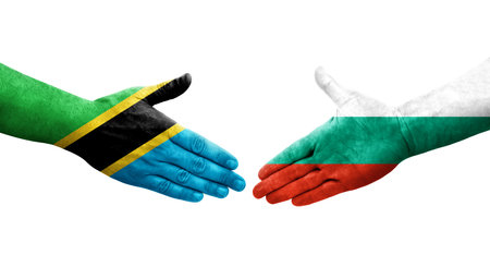 Handshake between Bulgaria and Tanzania flags painted on hands, isolated transparent image.の写真素材