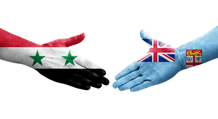 Handshake between Fiji and Syria flags painted on hands, isolated transparent image.