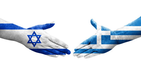 Handshake between Greece and Israel flags painted on hands, isolated transparent image.の写真素材