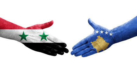 Handshake between Kosovo and Syria flags painted on hands, isolated transparent image.