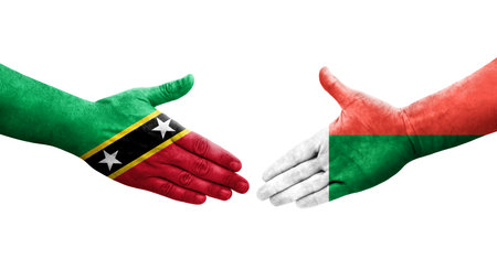Handshake between Madagascar and Saint Kitts and Nevis flags painted on hands, isolated transparent image.の写真素材