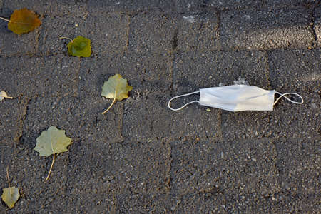 Used mask standing next to fallen leaves on the ground, garbage.の写真素材