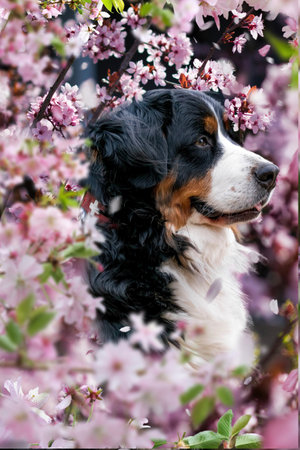 Bernese mountain dog in spring blooming garden. Beautiful dog portrait.の写真素材