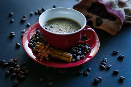Coffee cup with coffee beans, cinnamon and star aniseの写真素材
