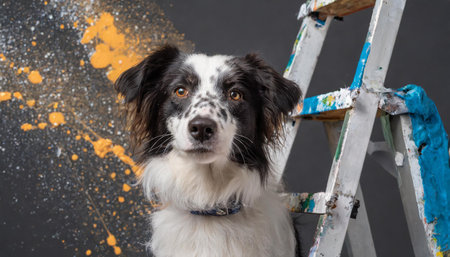 Funny portrait of cute smiling dog border collie sitting on ladder and looking at camera. Pet care concept.の素材