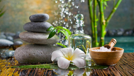 Spa still life with massage stones and flowers on a wooden backgroundの素材