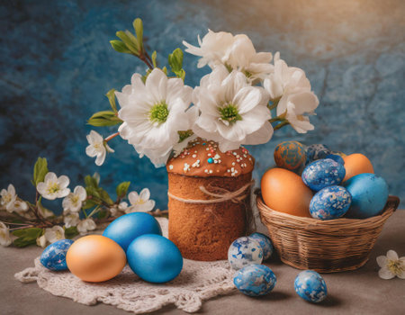 Easter eggs and cake on a blue background with spring flowers.の素材