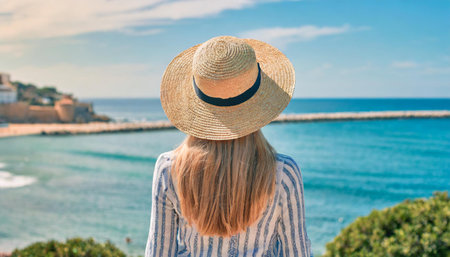 A girl in a straw hat on the background of the sea.の素材