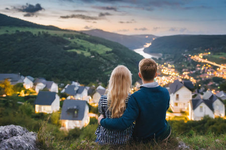 Young couple in love sitting on the edge of a cliff and looking at the sunset over the village.の素材
