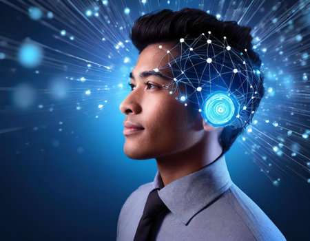 Young Indian businessman with blue network and binary code on his headの素材