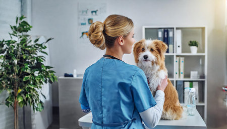 side view of veterinarian examining cute dog in clinic, animal care conceptの素材