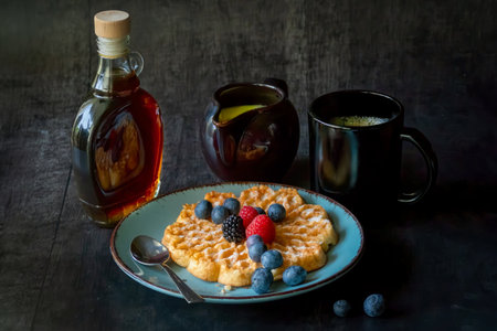 Waffles with berries and maple syrup on a dark background. Selective focus.の写真素材