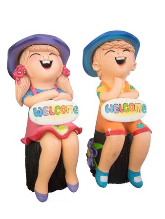 colorful doll made of ceramic with happy face  Isolated white background.の写真素材