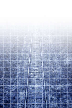 Rustic and abandoned straight railway track disappearing into the distance with blue tint, white grid, and fade to white for added textの写真素材
