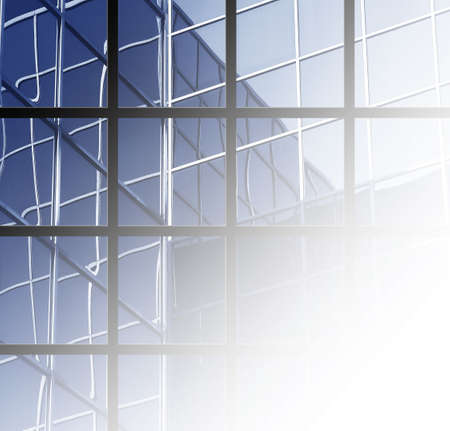 Background of blue-tinted corporate office building with black grid and space for textの写真素材