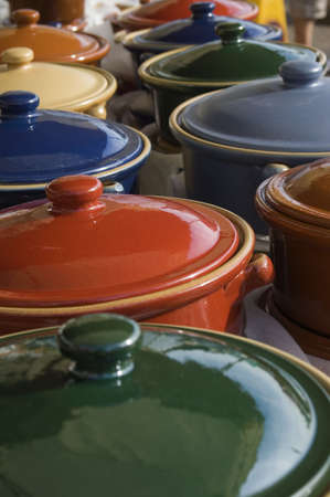 Lidded ovenware in various coloursの写真素材