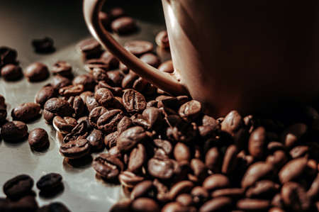 A cup of coffee on the background of a scattering of coffee beansの写真素材