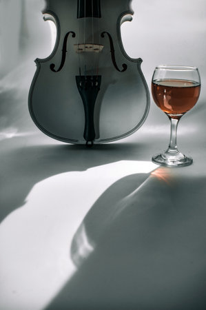 Still life with a snow-white violin and a glass of red wine with long shadows and sunlightの写真素材