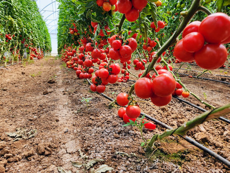 Tomatoes ripening in a greenhouse. Rows of red tomatoes on the vine.の写真素材