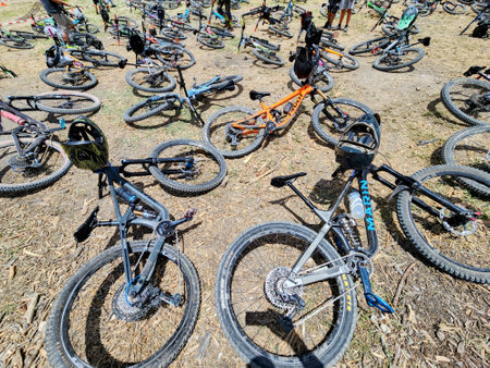 Mountain bike on the grass in the park, closeup of photoの写真素材