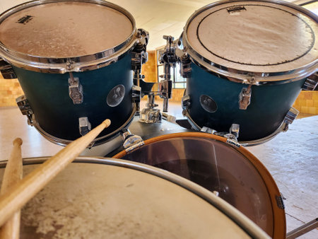 Drums and drumsticks in a music studio. Musical instruments.の写真素材