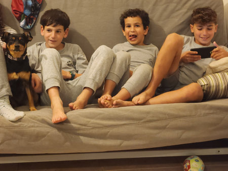 Children playing with their dog on the couch at home in the living roomの写真素材