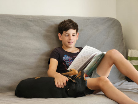 Young boy reading a book while sitting on the couch with his dogの写真素材