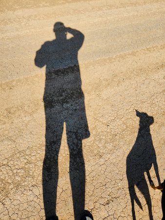 Shadow of a man with a dog in the desert. Conceptual image.