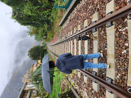 A teen hanging on the rail of a railway with an umbrella and a dog.