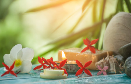 Candle spa with flowers and hand made soap with green nature backgroundの写真素材