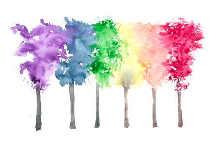 Row colorful trees on white, watercolor paintingの写真素材