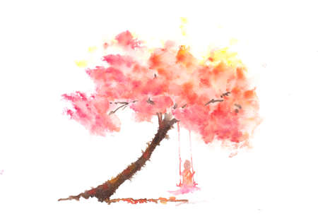Girl on swing with autumn tree, watercolor paintingの写真素材