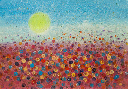 Acrylic painting colorful wildflower field, landscape painting, hand painted, impressionism styleの写真素材