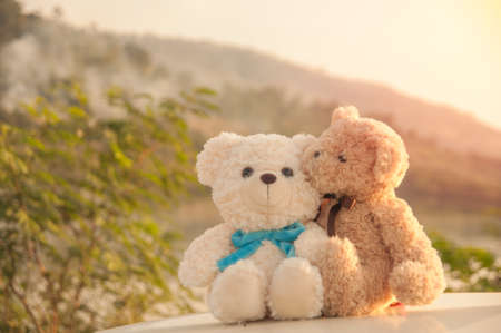 Two teddy bears with nature background, Love relationship conceptの写真素材