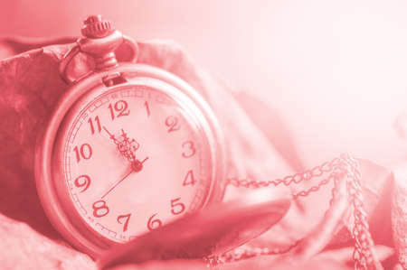 Antique pocket clock on dried leaves made with filterの写真素材