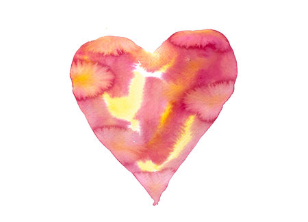 Red yellow heart on white isolation, watercolor hand painted on paper