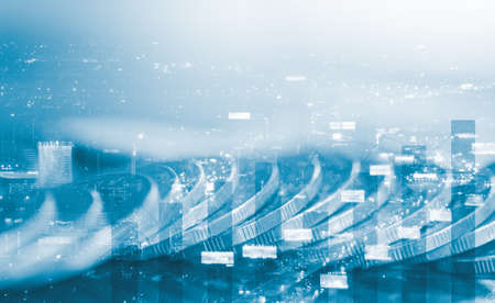 Double exposure of coins and city background, finance and business background conceptの写真素材