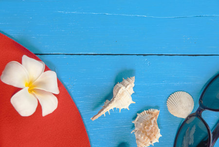 Summer travel accessories, red hat lady, sunglasses,  white flower and shell on blue background, Top...